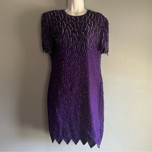 Laurence Kazar Dresses & Skirts - Laurence Kazar Vintage Sequin and Beaded Dress Purple Petite Large